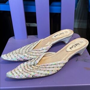 Sequin Pointed-Toe Kitten Heel Mules in Pink by